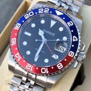 Parnis 40mm Black Dial Sapphire GMT Blue Red Bezel Jubilee Band Watch
